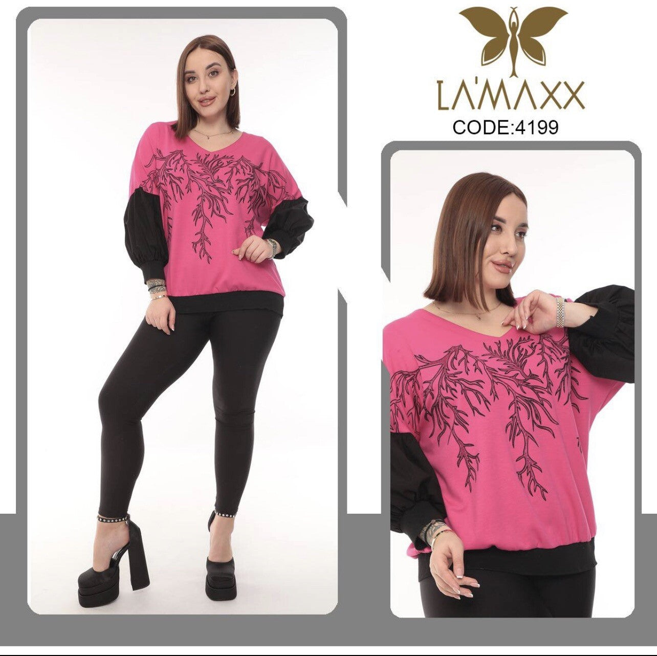 LaMaxx Pink Black Puff Sleeve Top Sz 16/1 Made In Turkey