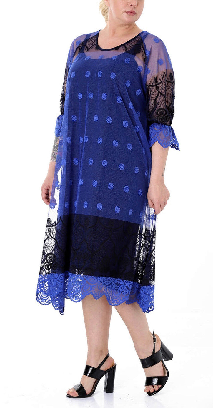 Darkwin Chic Royal Blue Mesh Lace 2 Pcs Dress Sz 18 Made In Turkey