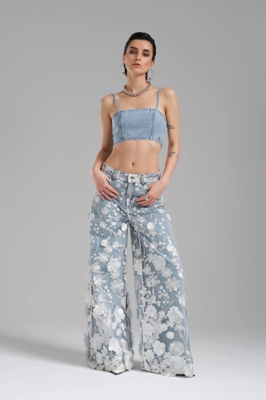 TW3 Women’s Jeans, 3D Floral Wide Leg Denim Pants, Sz S Turkey