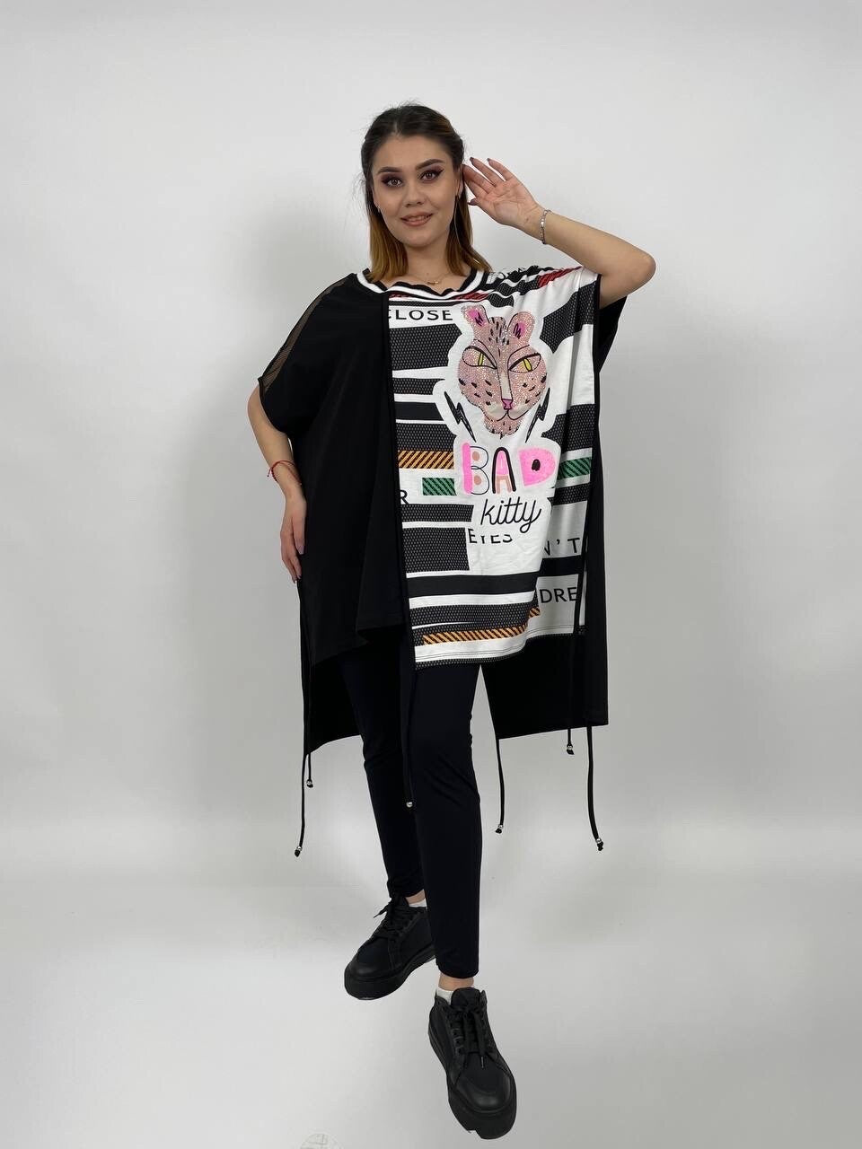 LaVelina Oversized Tunic Top “Bad Kitty” Sz 24/50 Made In Turkey