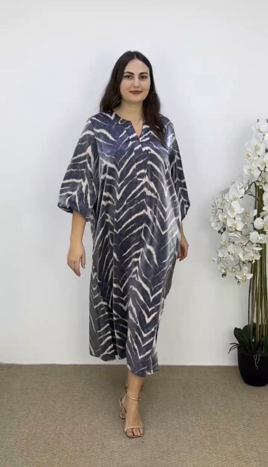 Darkwin Elegant Navy Zebra Print Dress, Sz 20-22/2 Made In Turkey
