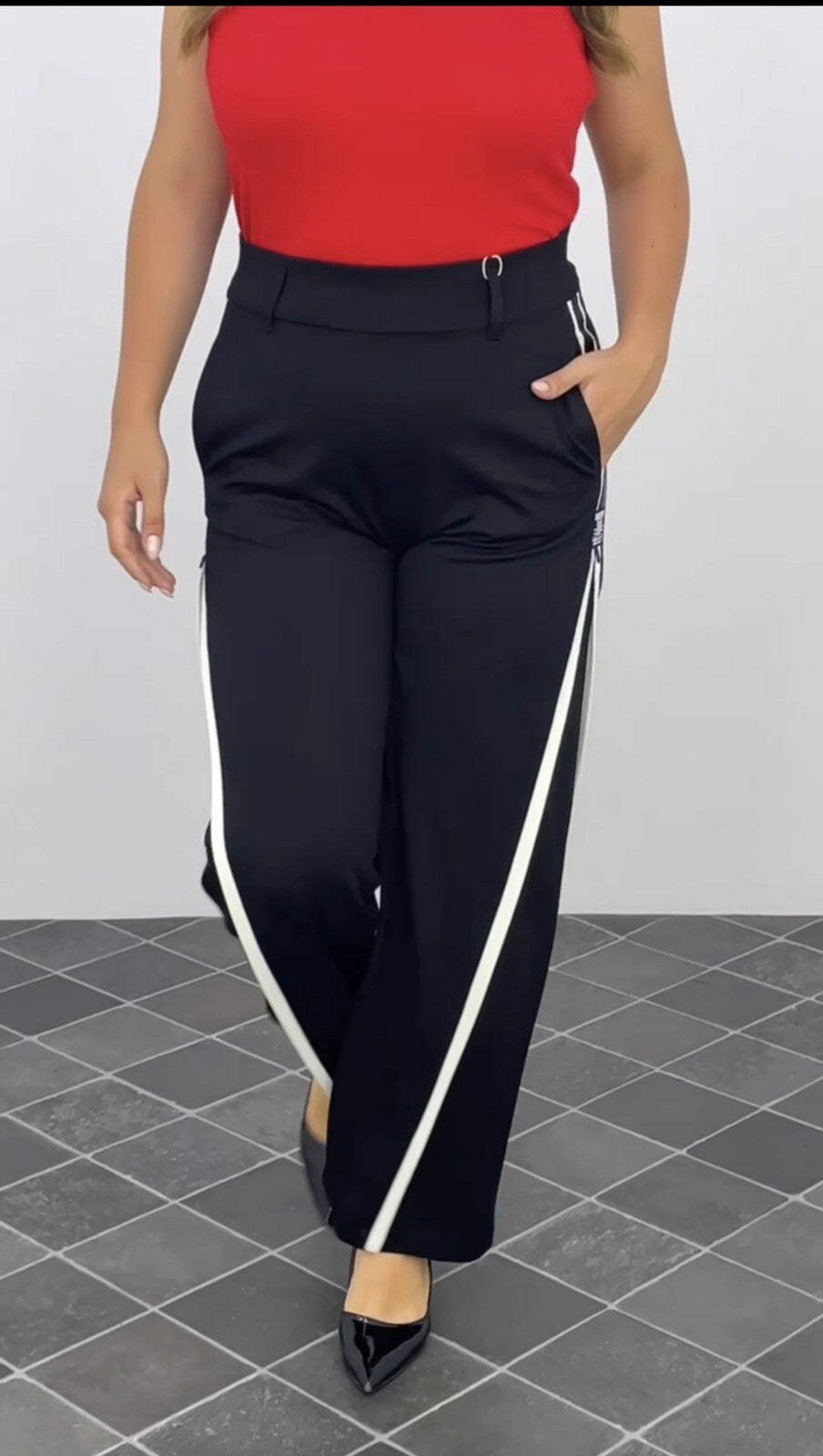 Exitline Pants Sz 8/42 Black White Stripe Wide Leg Made In Turkey