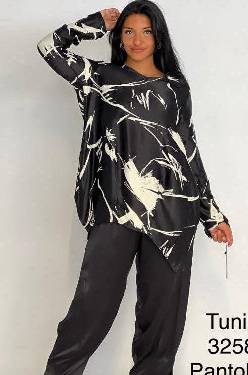 Alyans Black White Abstract Top Silky Oversized Blouse Sz 16 Made Turkey