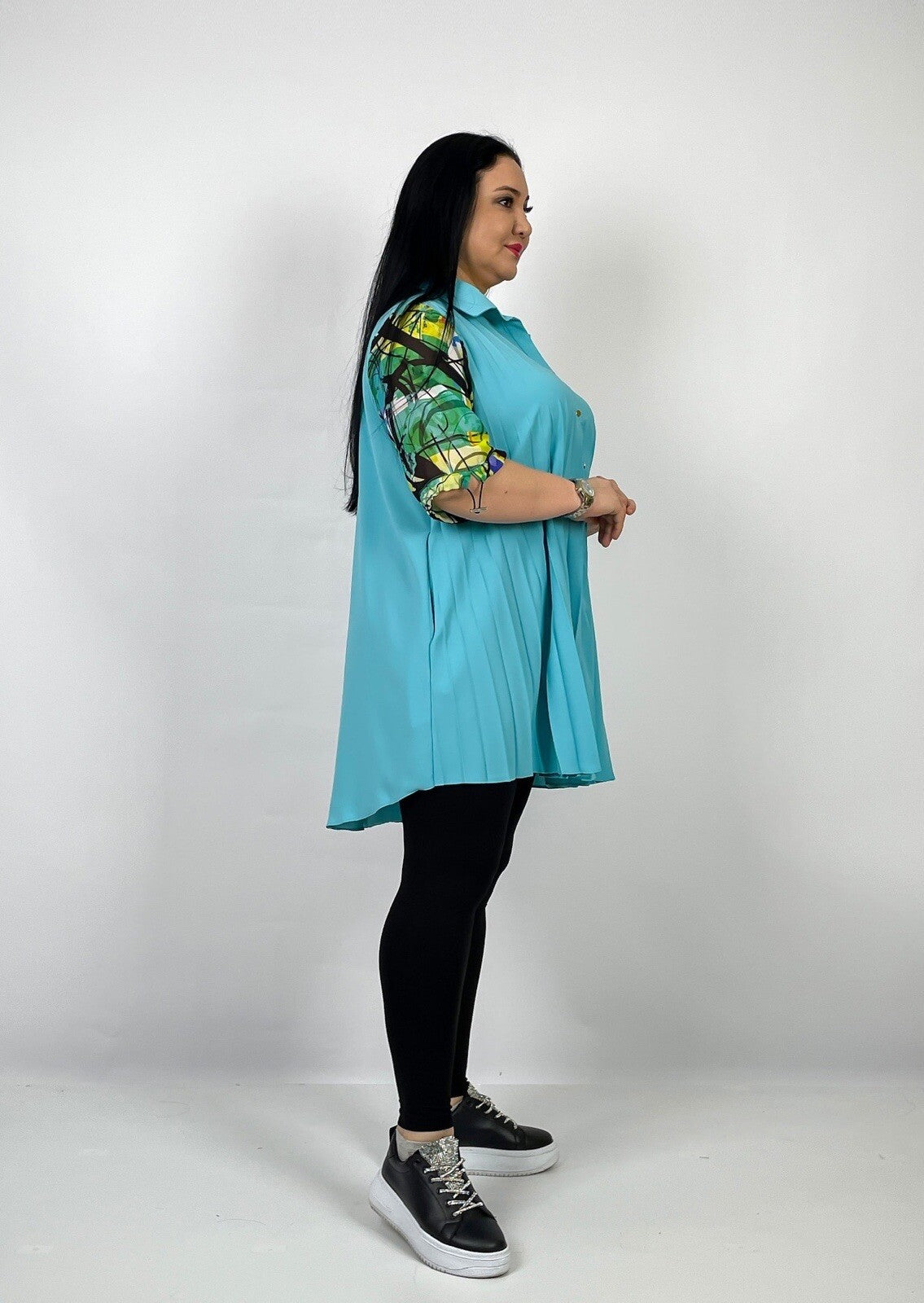 Darkwin Aqua Pleated Button Tunic Sz 14/2 Made In Turkey