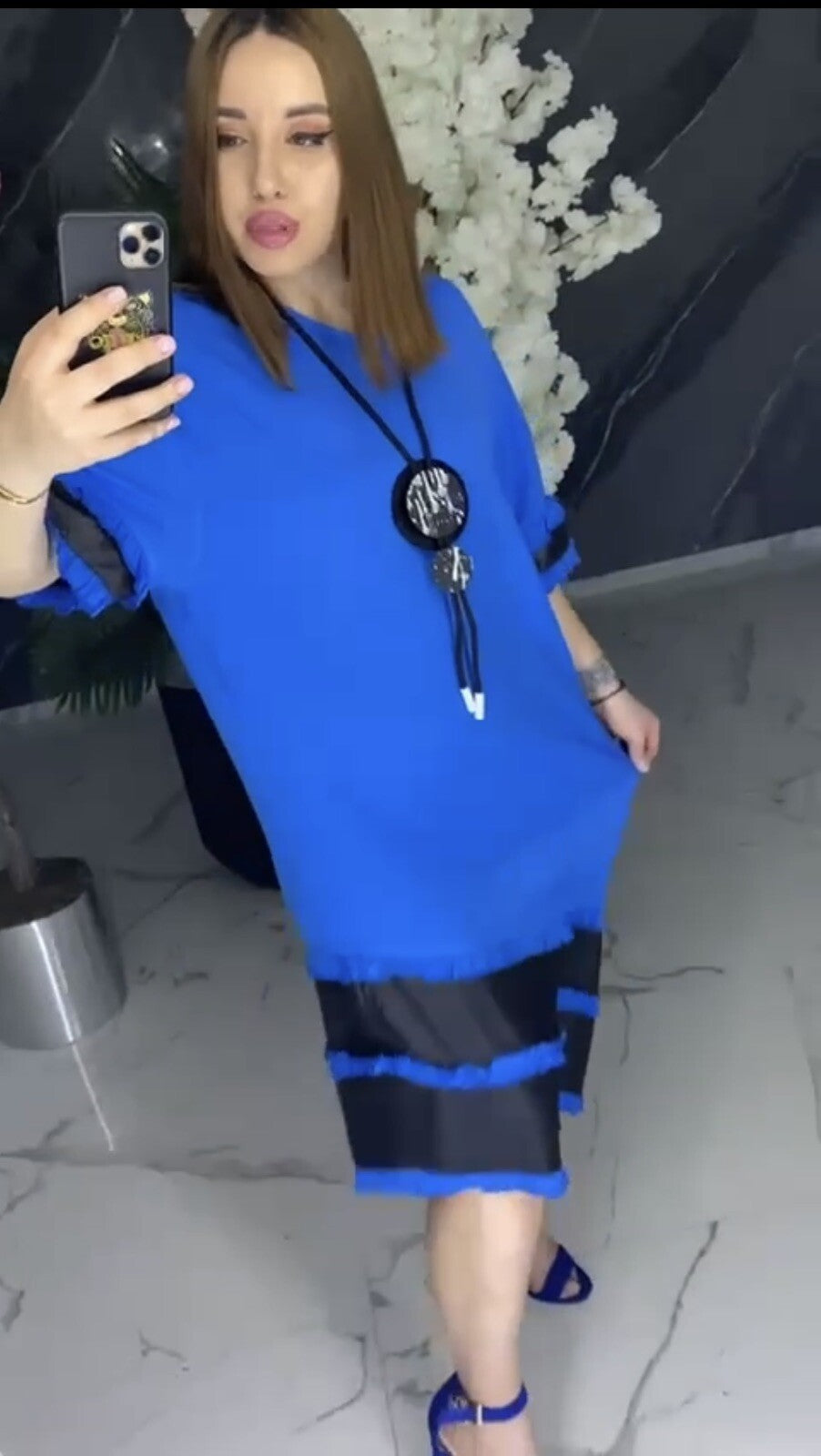 B-One Blue Black Asymmetrical Dress, Sz 12-46 Made in Turkey