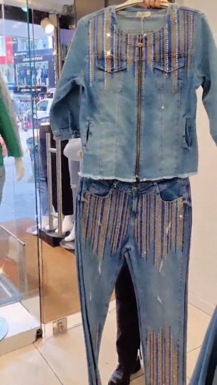Presenta Women’s Jean Suit Sz 16/48 Made in Turkey Jacket & Pants Set