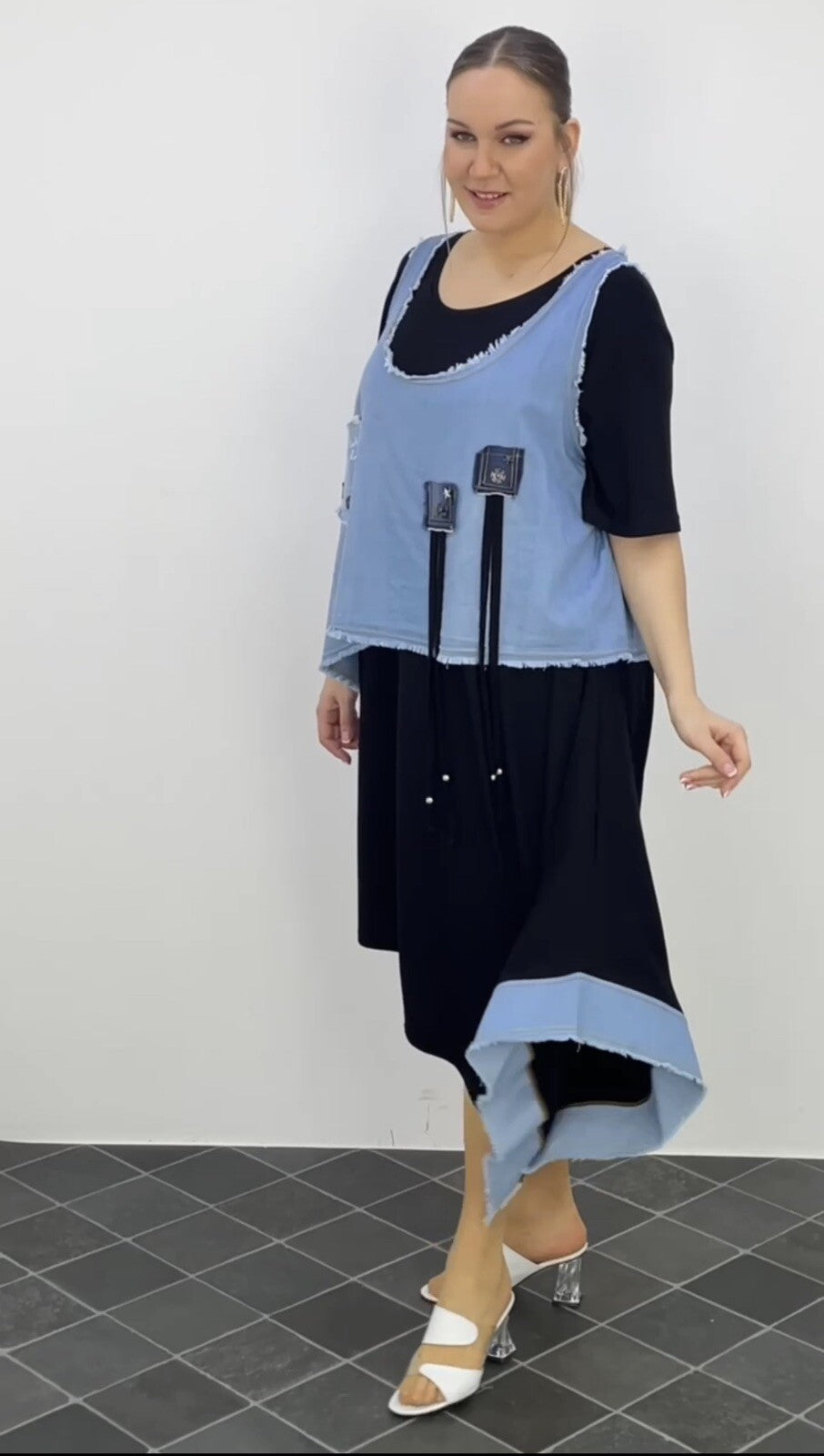 LaVelina Asymmetrical Denim Patch Dress Sz 22/48 Made in Turkey