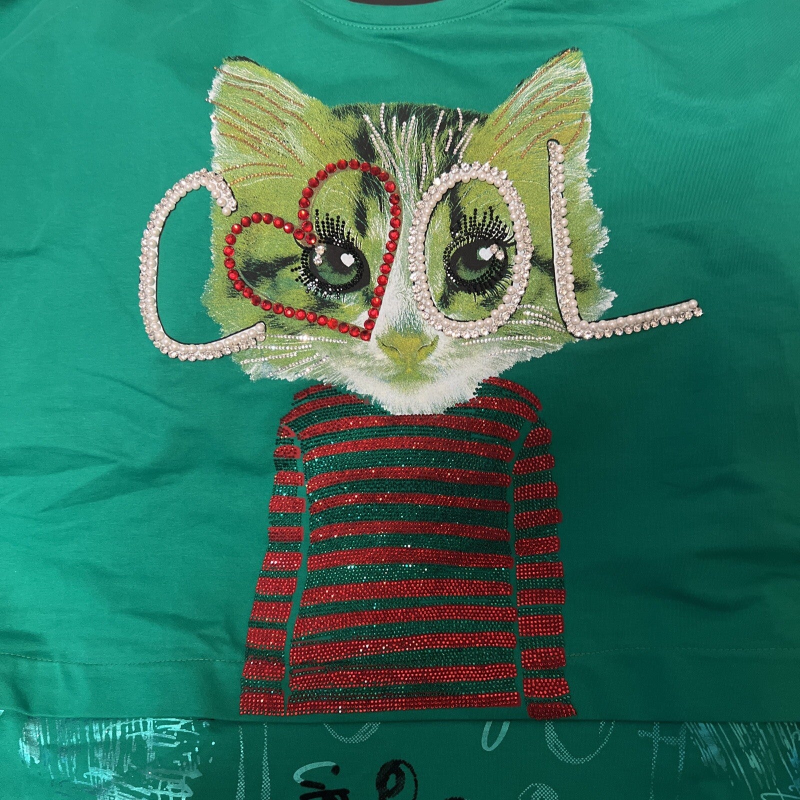 LaMaxx Green Cat Graphic Oversized Top Sz 24/3 Made In Turkey