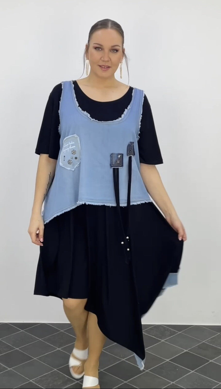 LaVelina Asymmetrical Denim Patch Dress Sz 22/48 Made in Turkey