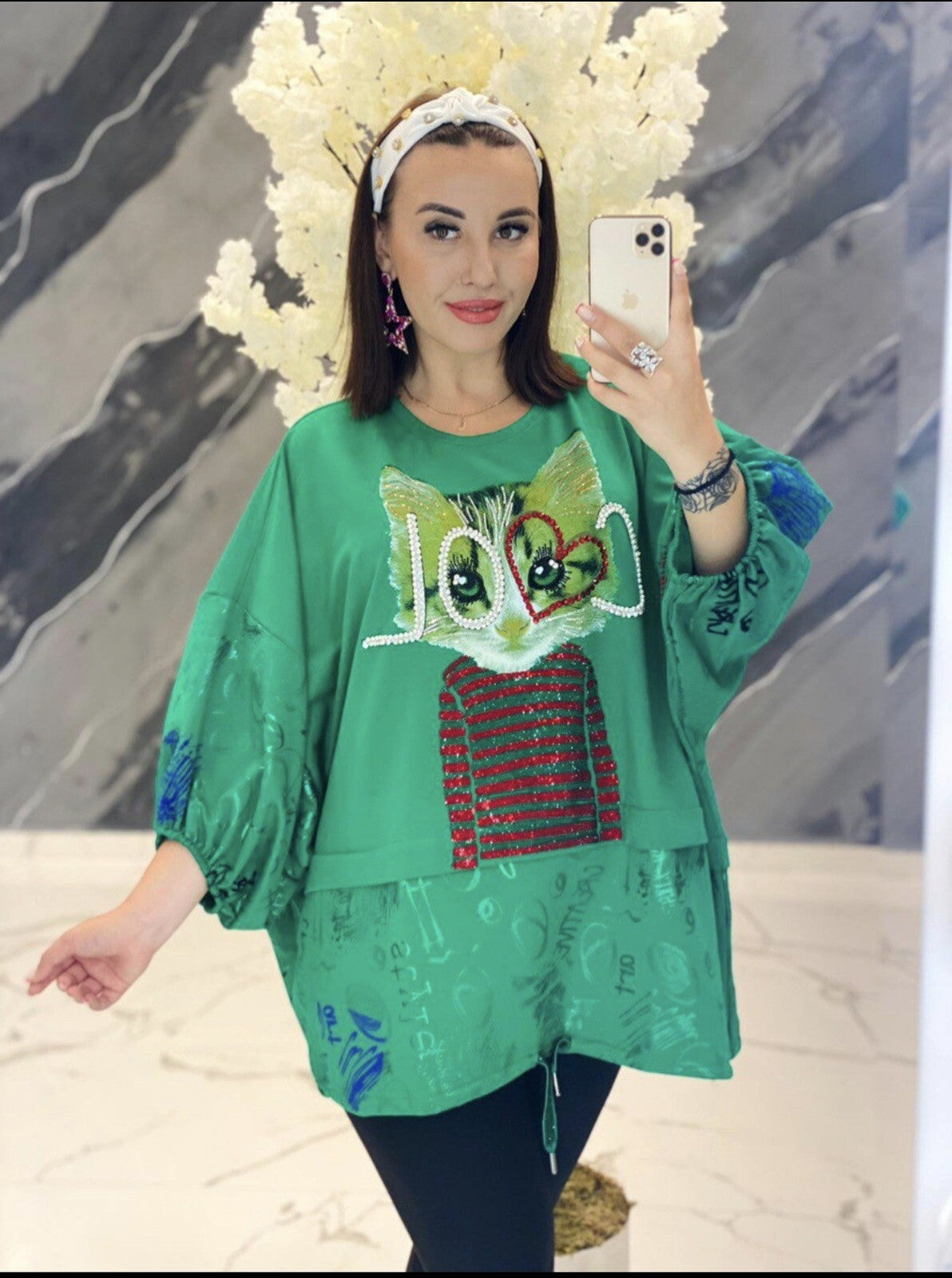 LaMaxx Green Cat Graphic Oversized Top Sz 24/3 Made In Turkey