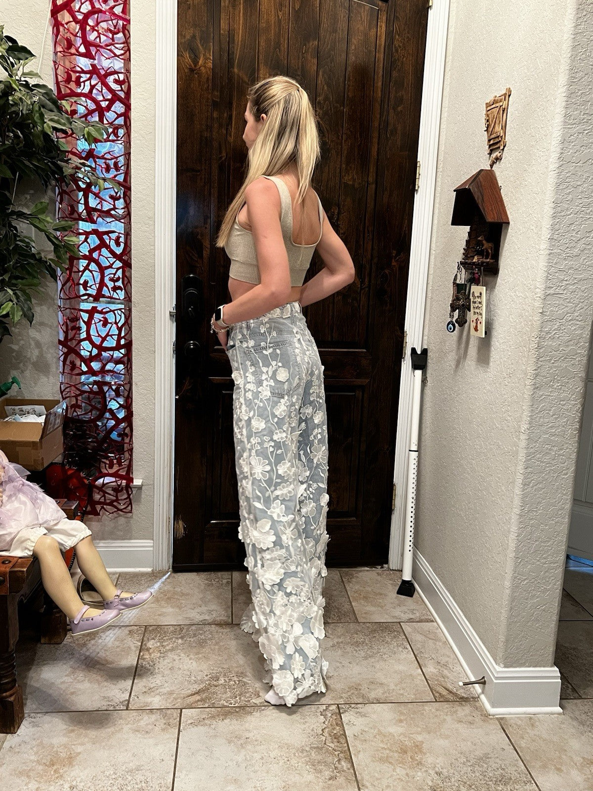 TW3 Women’s Jeans, 3D Floral Wide Leg Denim Pants, Sz S Turkey