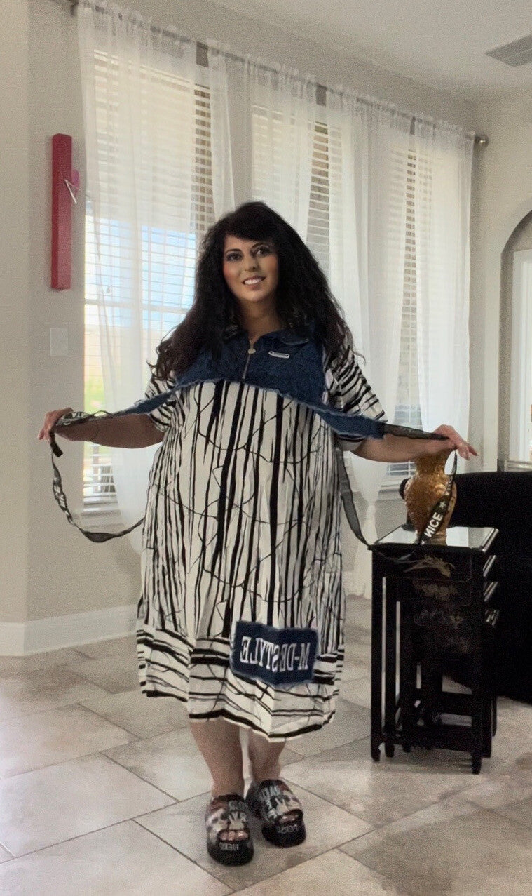 M’De Pompadour Striped Dress w/ Denim Accent Sz 20/1 Made in Turkey