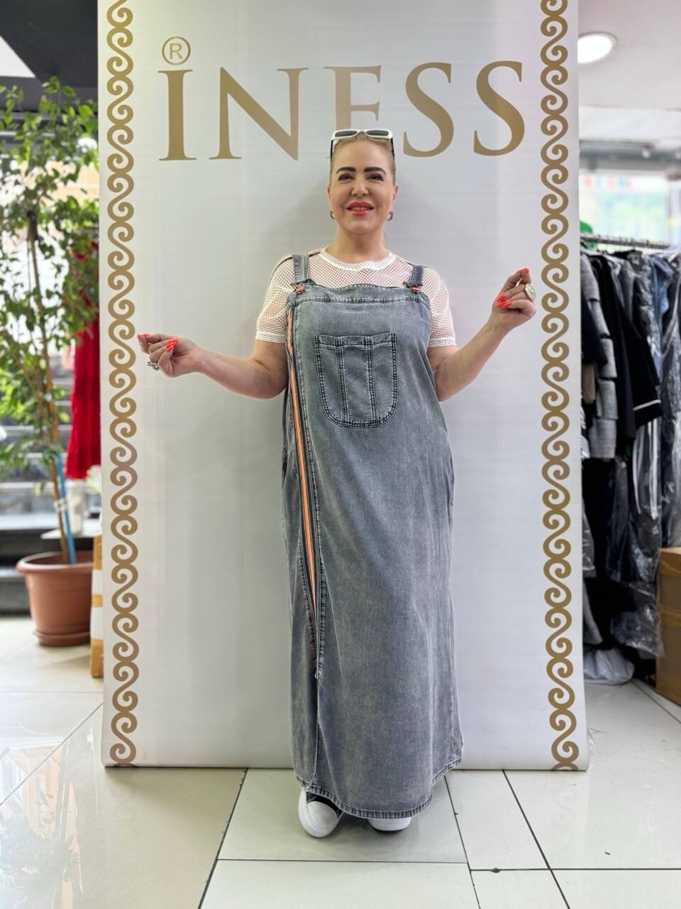 Krik Fashion Denim Overall Dress w/ Mesh Top Sz 16/46 | Made in Turkey