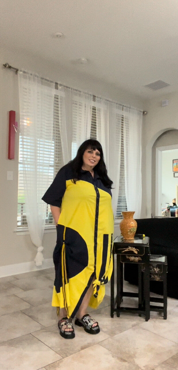 SALE!!!! DePompadur Oversized Dress Yellow/Navy, Sz 24/3 Made in Turkey