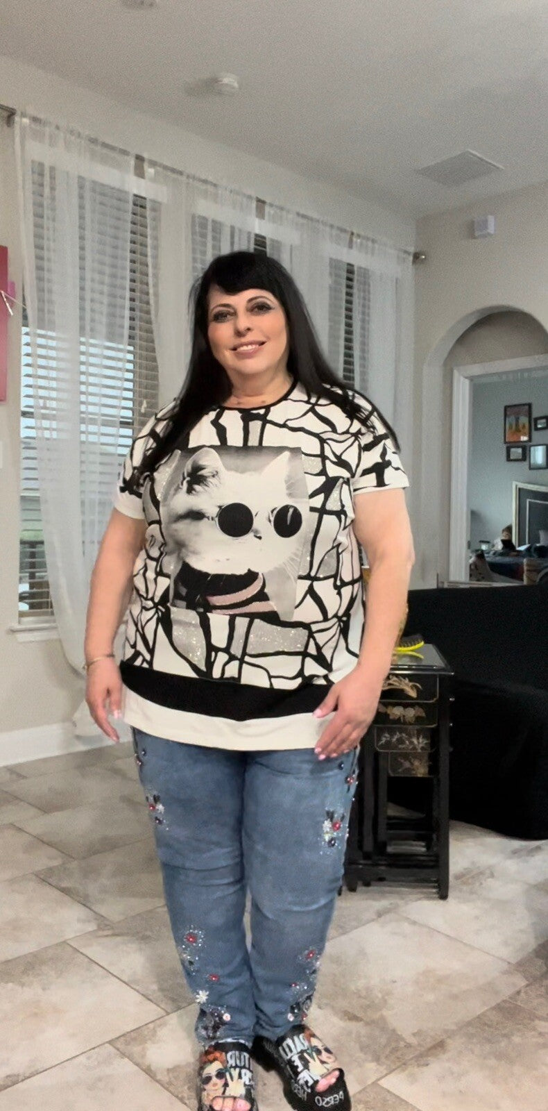 Darkwin Cat Graphic Black White Top Sz 18/3 Made In Turkey