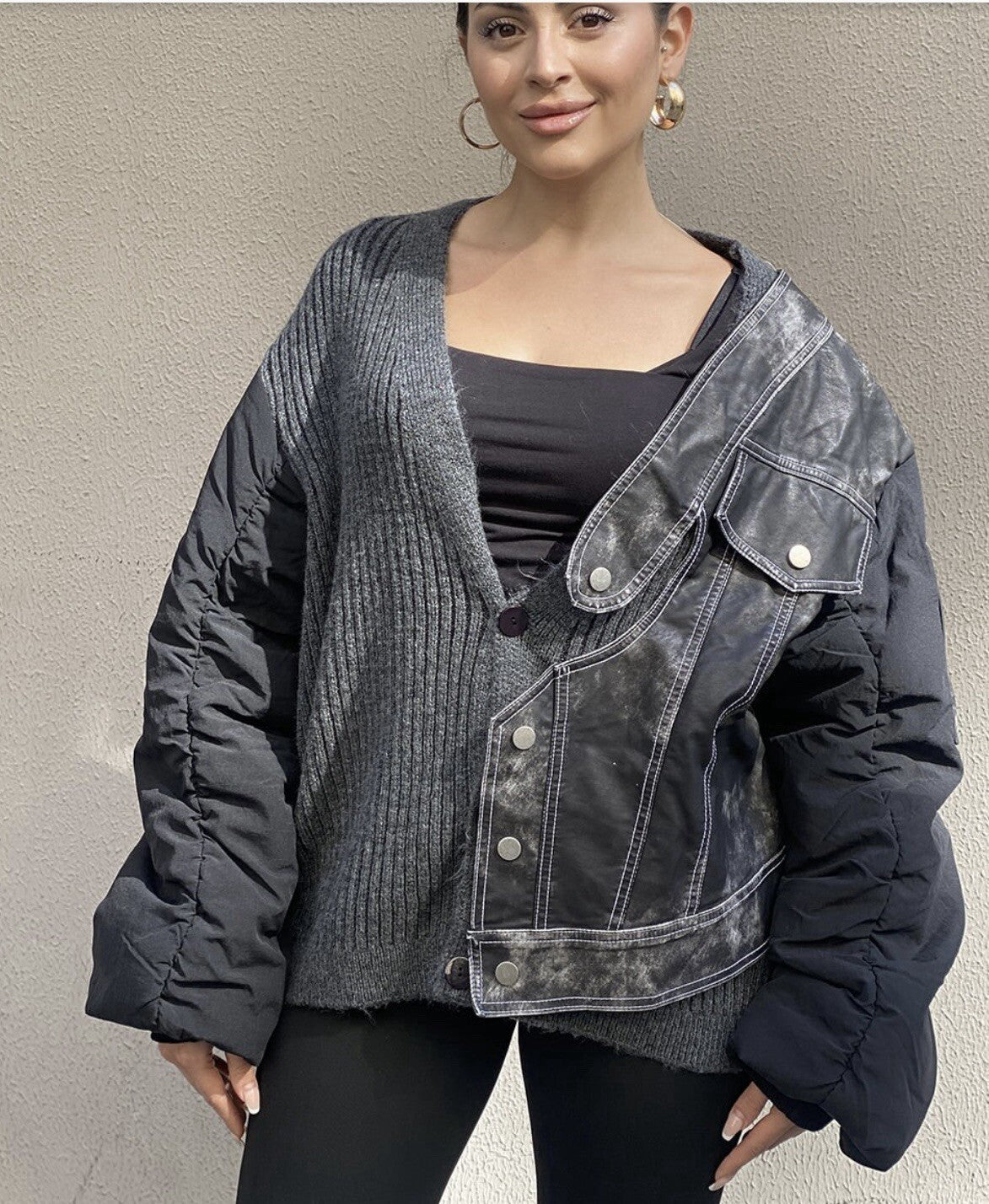 H4 Oversized Knit & Faux Leather Cardigan Sz 18-20/40 Made In Turkey
