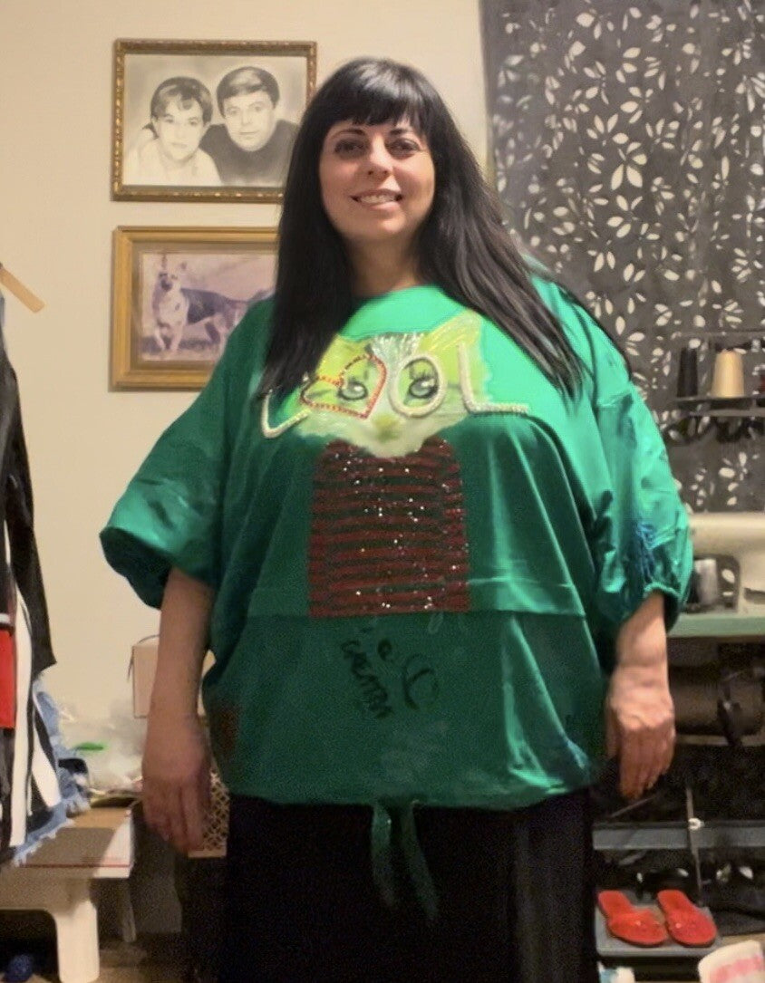 LaMaxx Green Cat Graphic Oversized Top Sz 24/3 Made In Turkey
