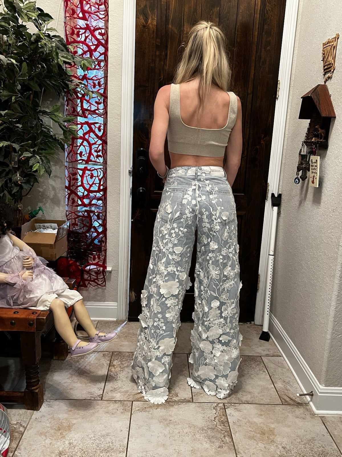 TW3 Women’s Jeans, 3D Floral Wide Leg Denim Pants, Sz S Turkey