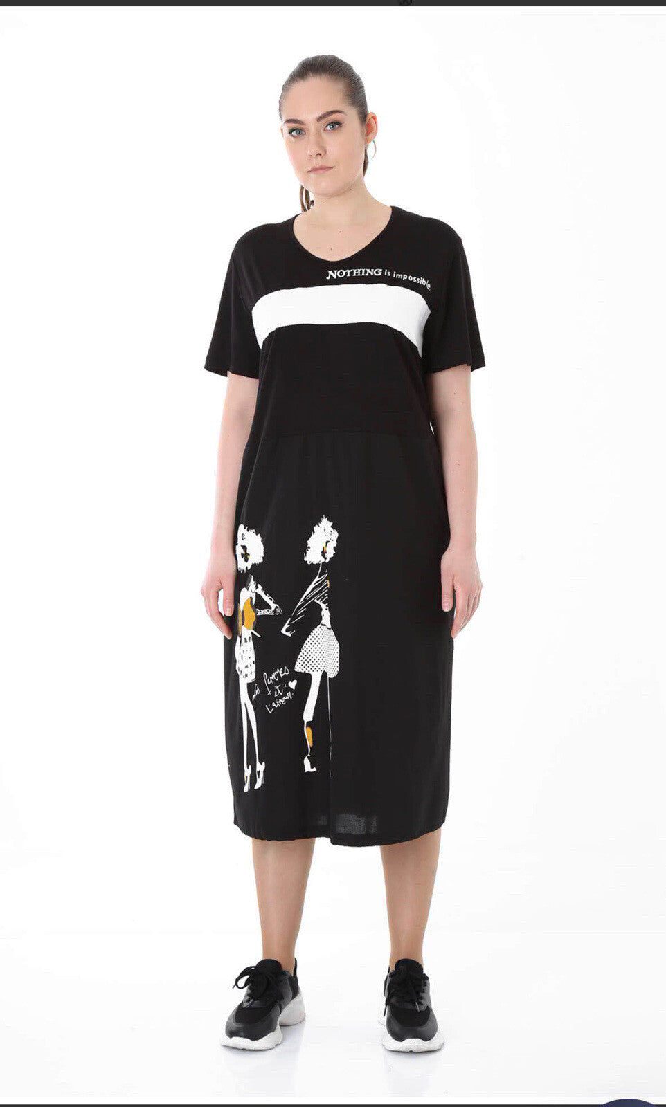 Darkwin Fun Art Dress Sz XL (20) Black White Print Midi Made In Turkey