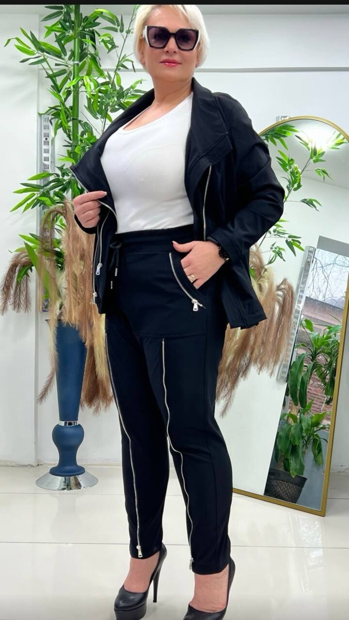Selly Black Pants w/ Zippers Sz 22/54 Stretch Fit Made In Turkey
