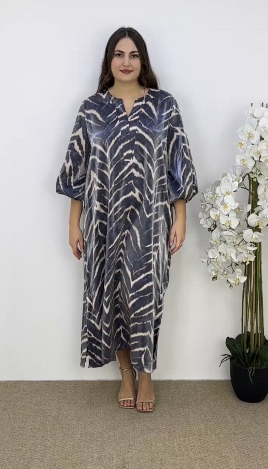 Darkwin Elegant Navy Zebra Print Dress, Sz 20-22/2 Made In Turkey