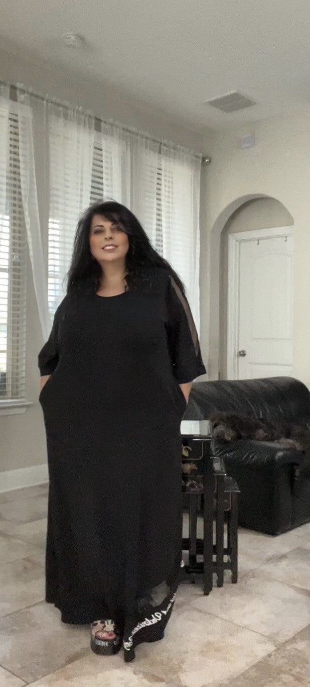 M’De Pompadour Black Dress w/ Mesh Sleeves Sz 20/2 Made in Turkey