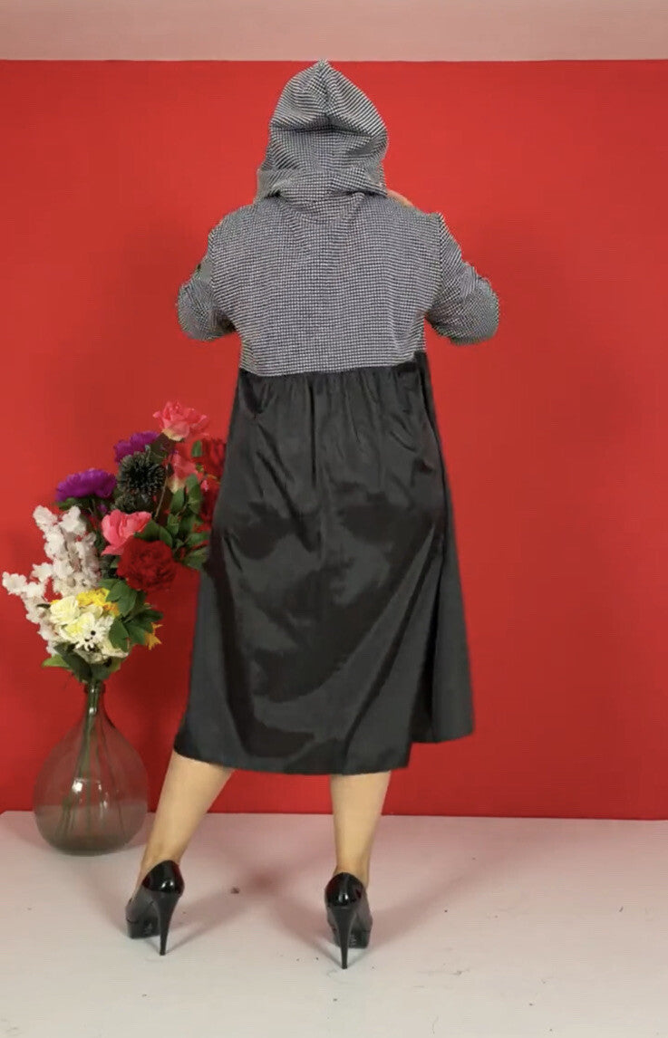 Darkwin Two Tone Hooded Dress Sz 20 Black Gray Drawstring Made In Turkey