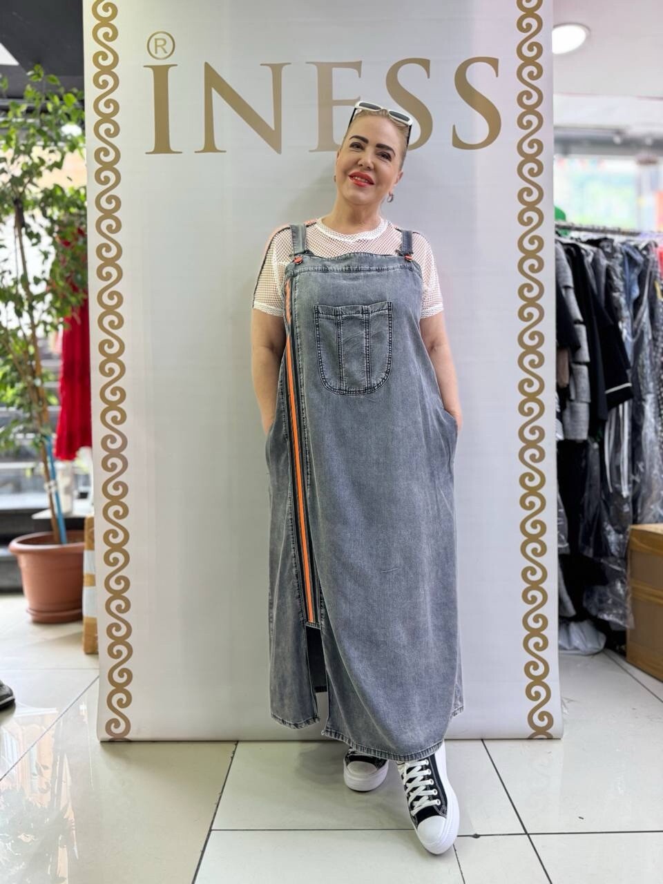 Krik Fashion Denim Overall Dress w/ Mesh Top Sz 16/46 | Made in Turkey