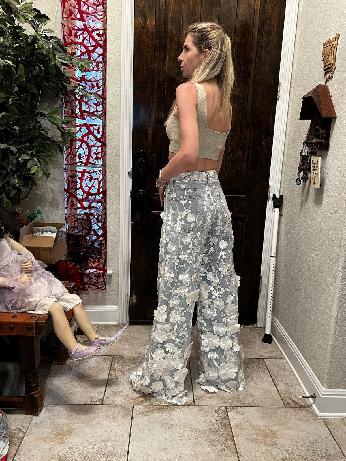 TW3 Women’s Jeans, 3D Floral Wide Leg Denim Pants, Sz S Turkey