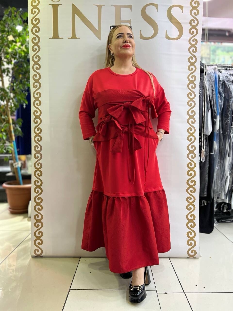 Izar Red Bow Accent Maxi Dress Sz 20/54 Plus Size Made In Turkey