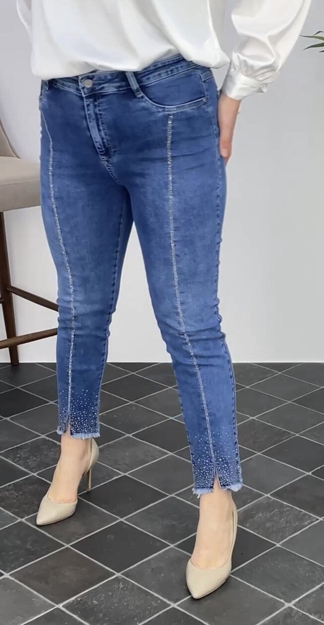 BI & KA Rhinestone Jeans Sz 22/56 Blue Slim Fit Frayed Hem Made In Turkey