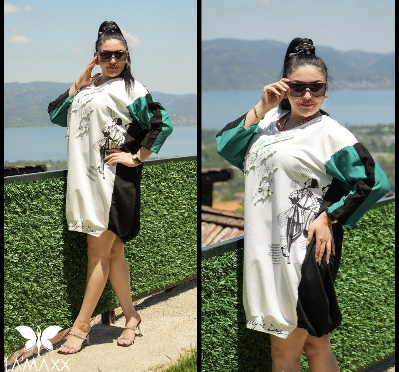 LaMaxx Oversize Tunic Dress Sz 20/46 Black White Green Made In Turkey