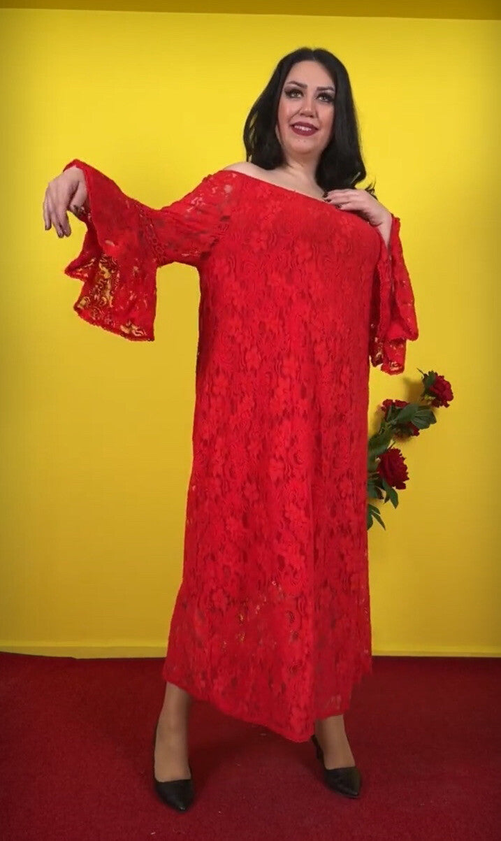 Elegant Red Lace Off-Shoulder Dress Sz 18 Made In Turkey