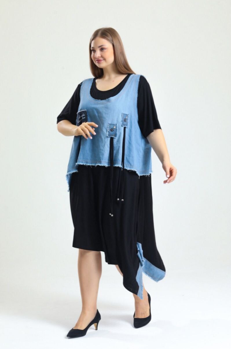 LaVelina Asymmetrical Denim Patch Dress Sz 22/48 Made in Turkey