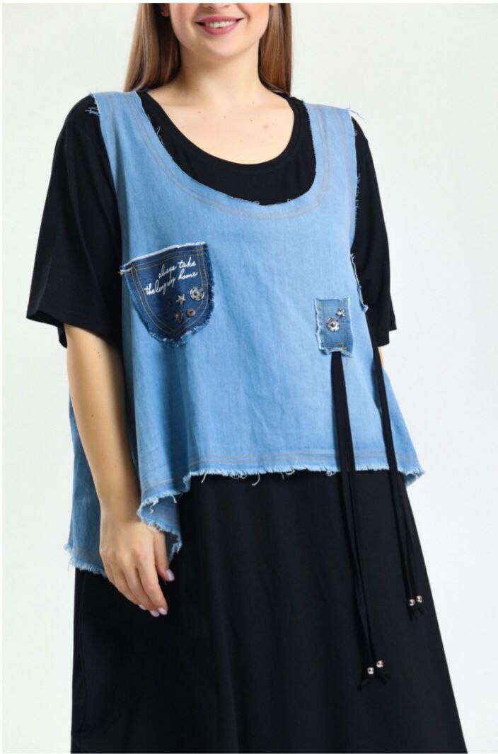 LaVelina Asymmetrical Denim Patch Dress Sz 22/48 Made in Turkey