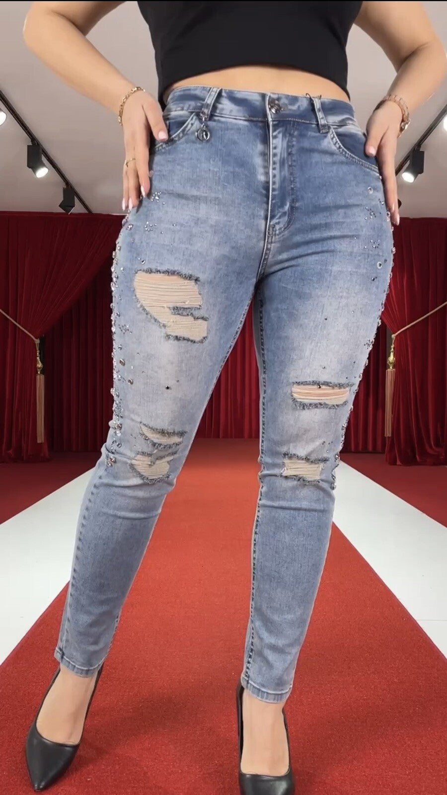 Zanessi Embellished Ripped Jeans Sz 24/56, Rhinestone Made In Turkey