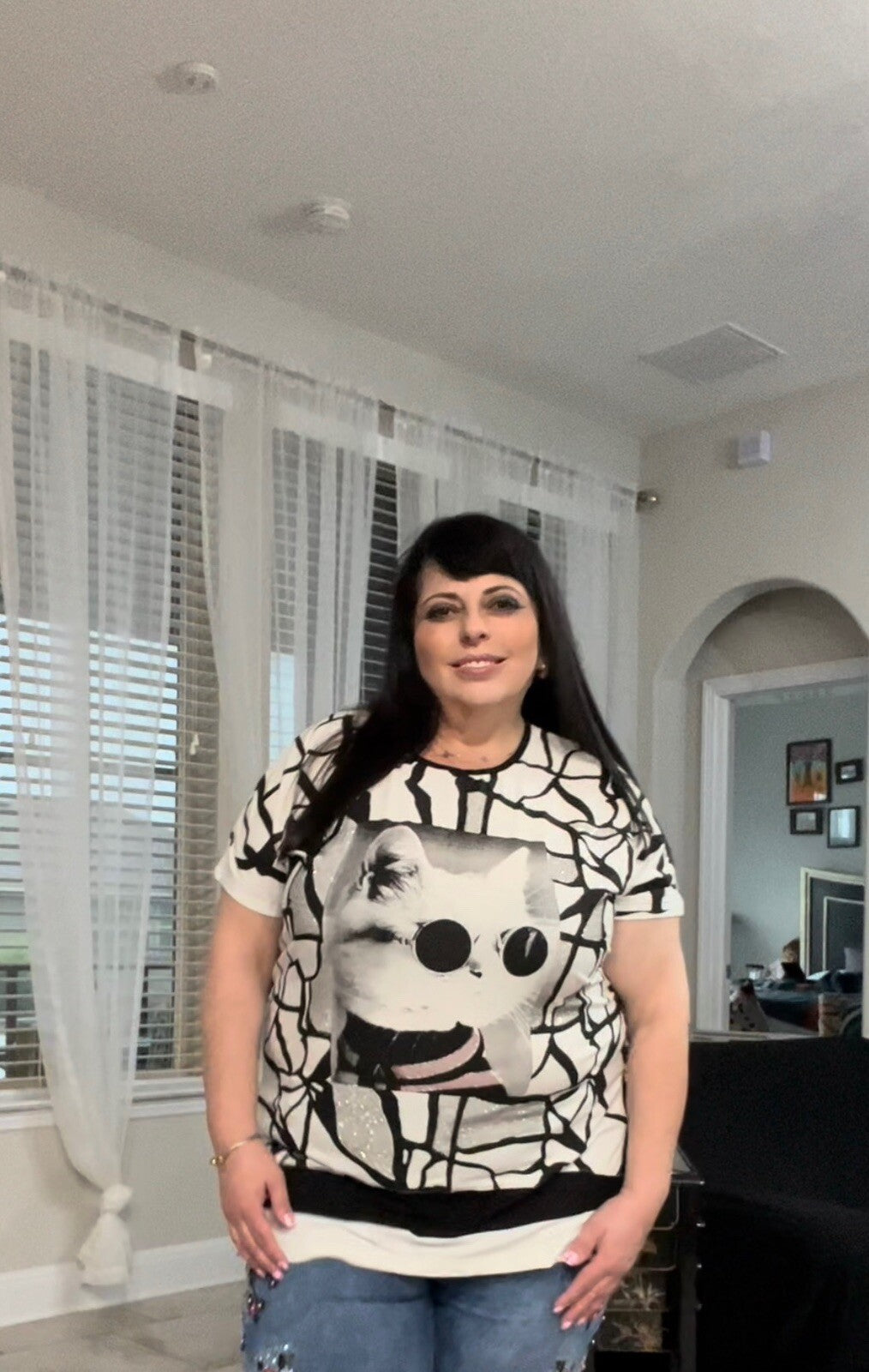 Darkwin Cat Graphic Black White Top Sz 18/3 Made In Turkey
