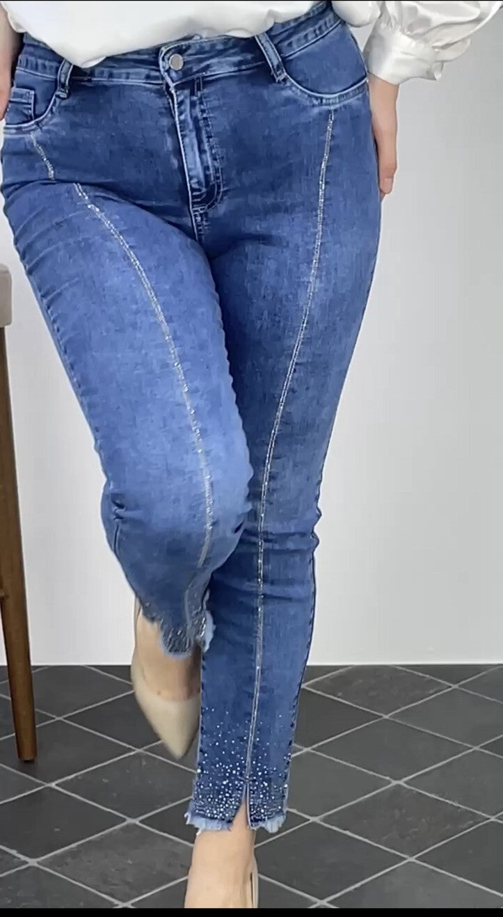 BI & KA Rhinestone Jeans Sz 22/56 Blue Slim Fit Frayed Hem Made In Turkey