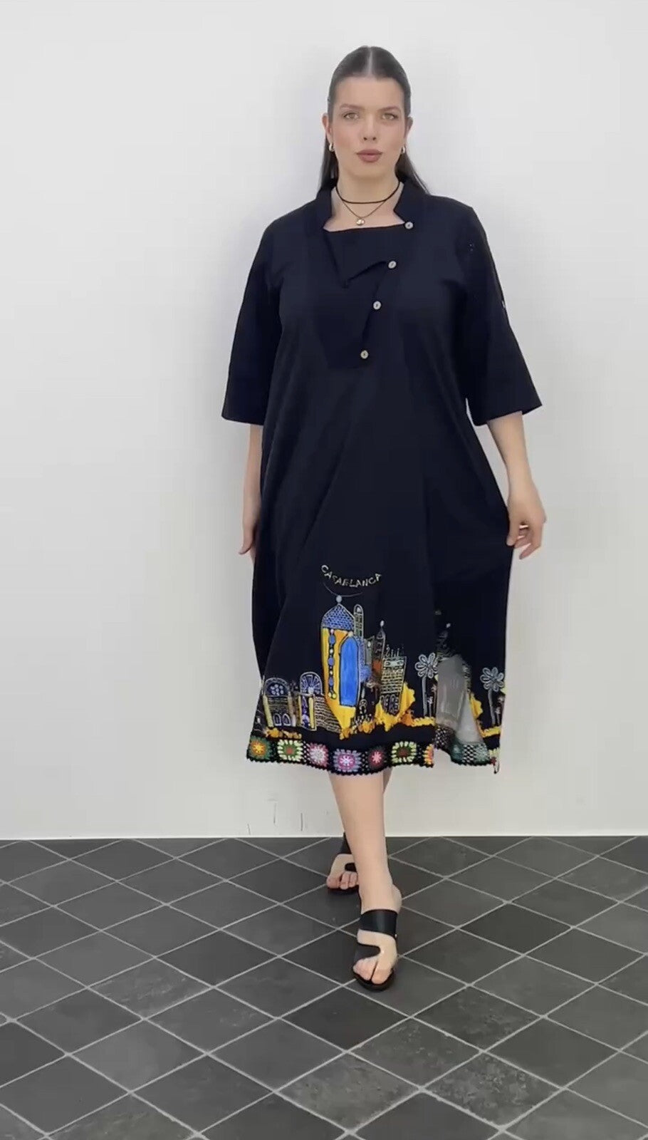 Darkwin Artistic Oversized Dress Sz 20/2 Black Cityscape Print Turkey