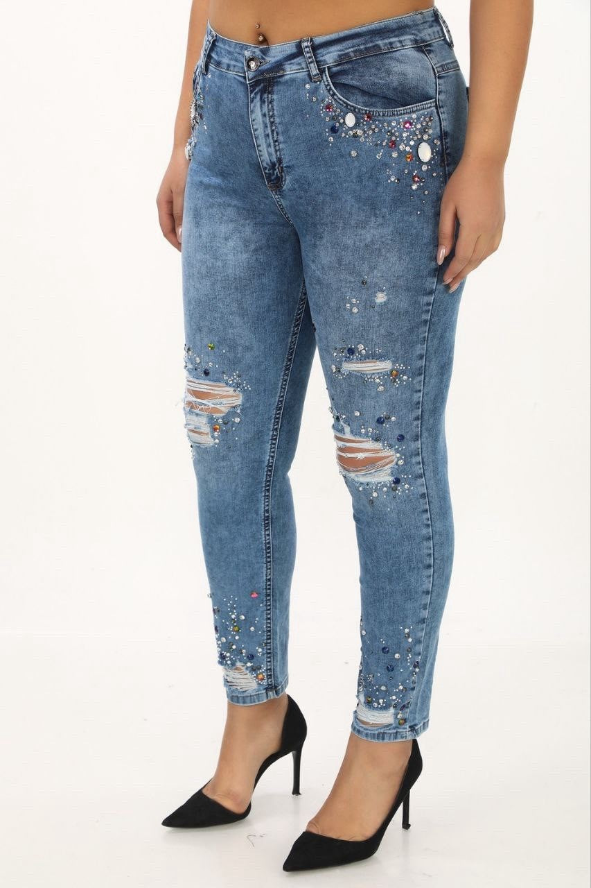 Zanessi Distressed Skinny Jeans, Pearl & Rhinestone Detail, Sz 8/42 Turkey