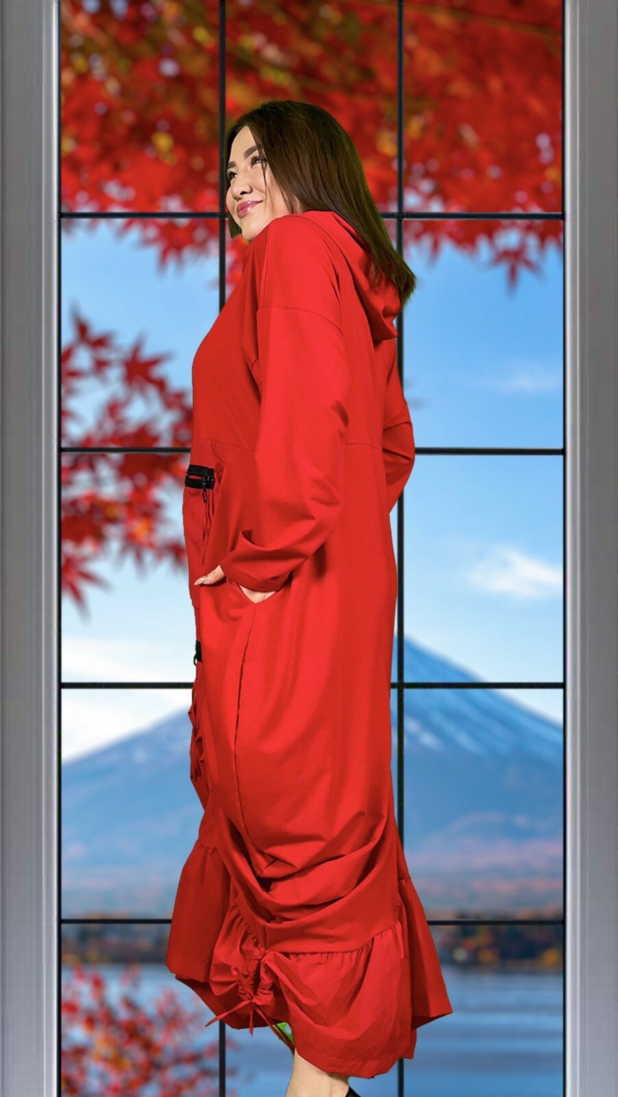 B-One Red Oversized Hoodie Dress w/ Zipper Pockets Sz 20/48 Made in Turkey