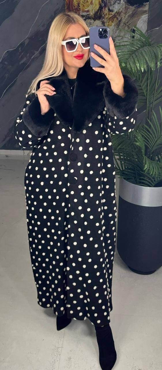 Lazolina Polka Dot Coat w/ Faux Fur Collar, Sz 18/1. Made in Turkey