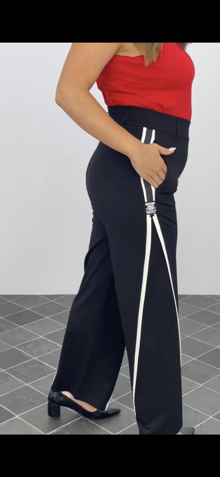 Exitline Pants Sz 8/42 Black White Stripe Wide Leg Made In Turkey