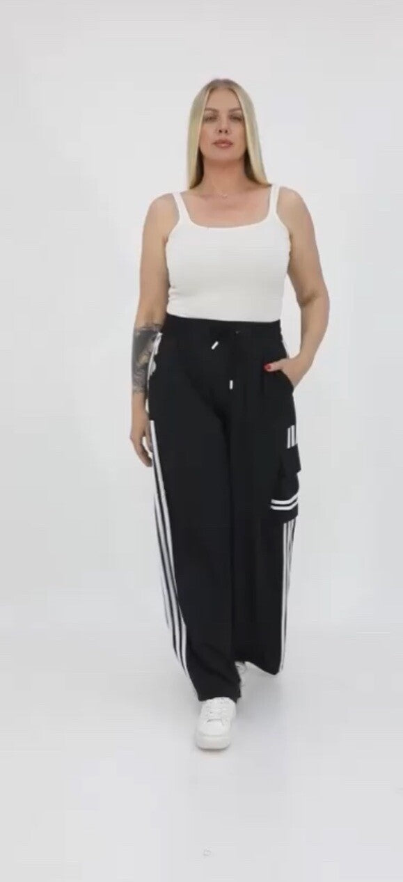 Selly Black Wide Leg Pants w/ Stripes & Pocket, Sz 18/52, Made In Turkey