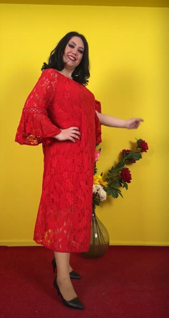 Elegant Red Lace Off-Shoulder Dress Sz 18 Made In Turkey