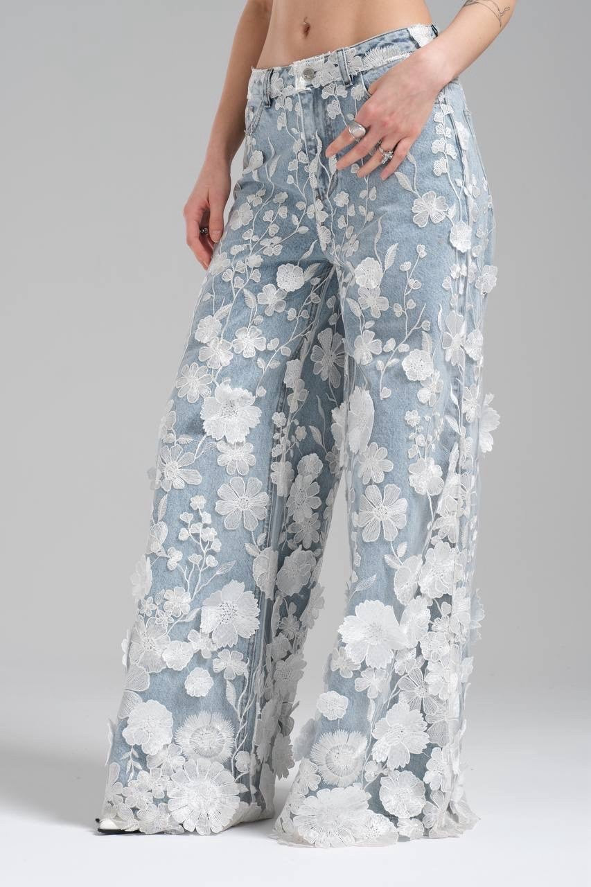 TW3 Women’s Jeans, 3D Floral Wide Leg Denim Pants, Sz S Turkey