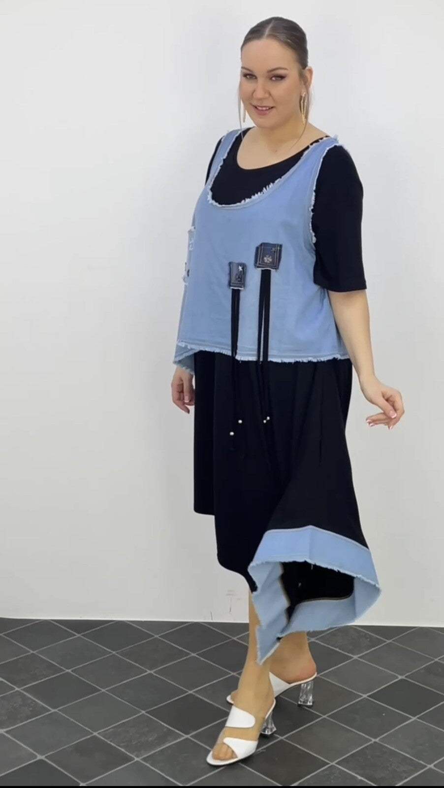 LaVelina Asymmetrical Denim Patch Dress Sz 22/48 Made in Turkey