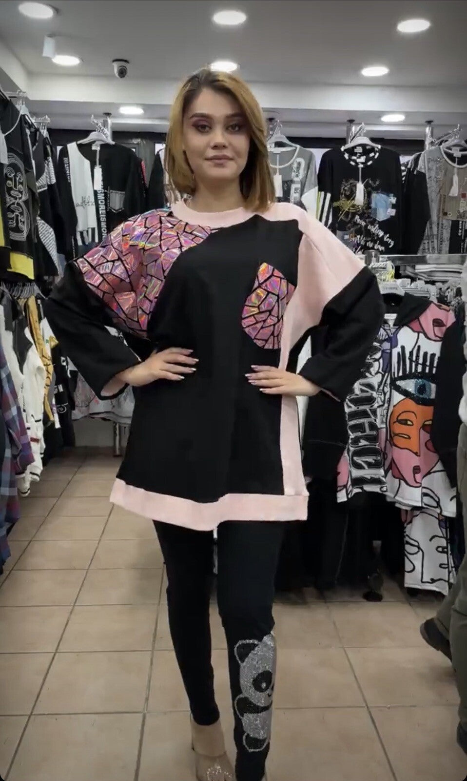 LaVelina Oversized Artistic Top Pink Black Mosaic Design Sz 20/50 Turkey