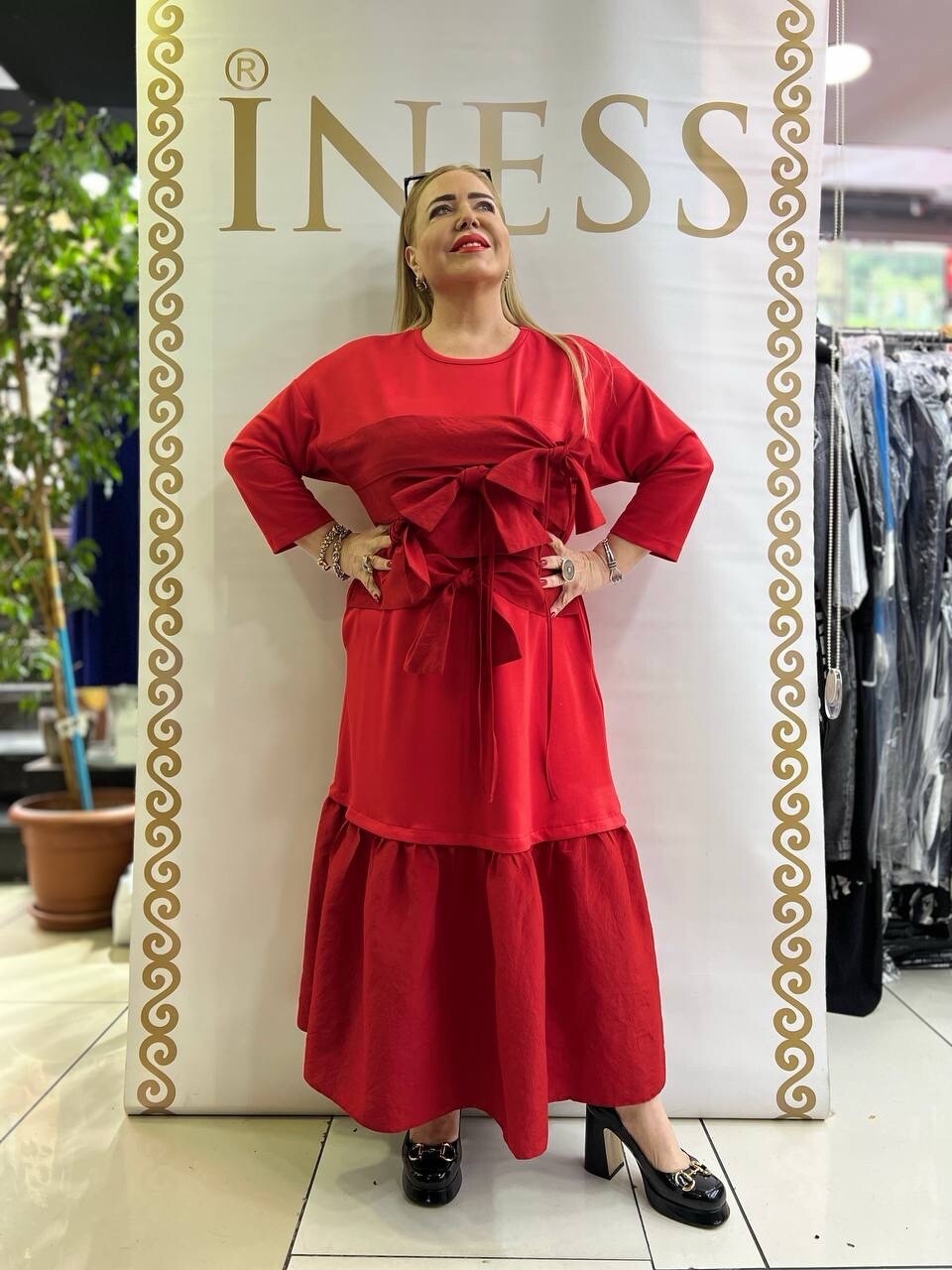 Izar Red Bow Accent Maxi Dress Sz 20/54 Plus Size Made In Turkey