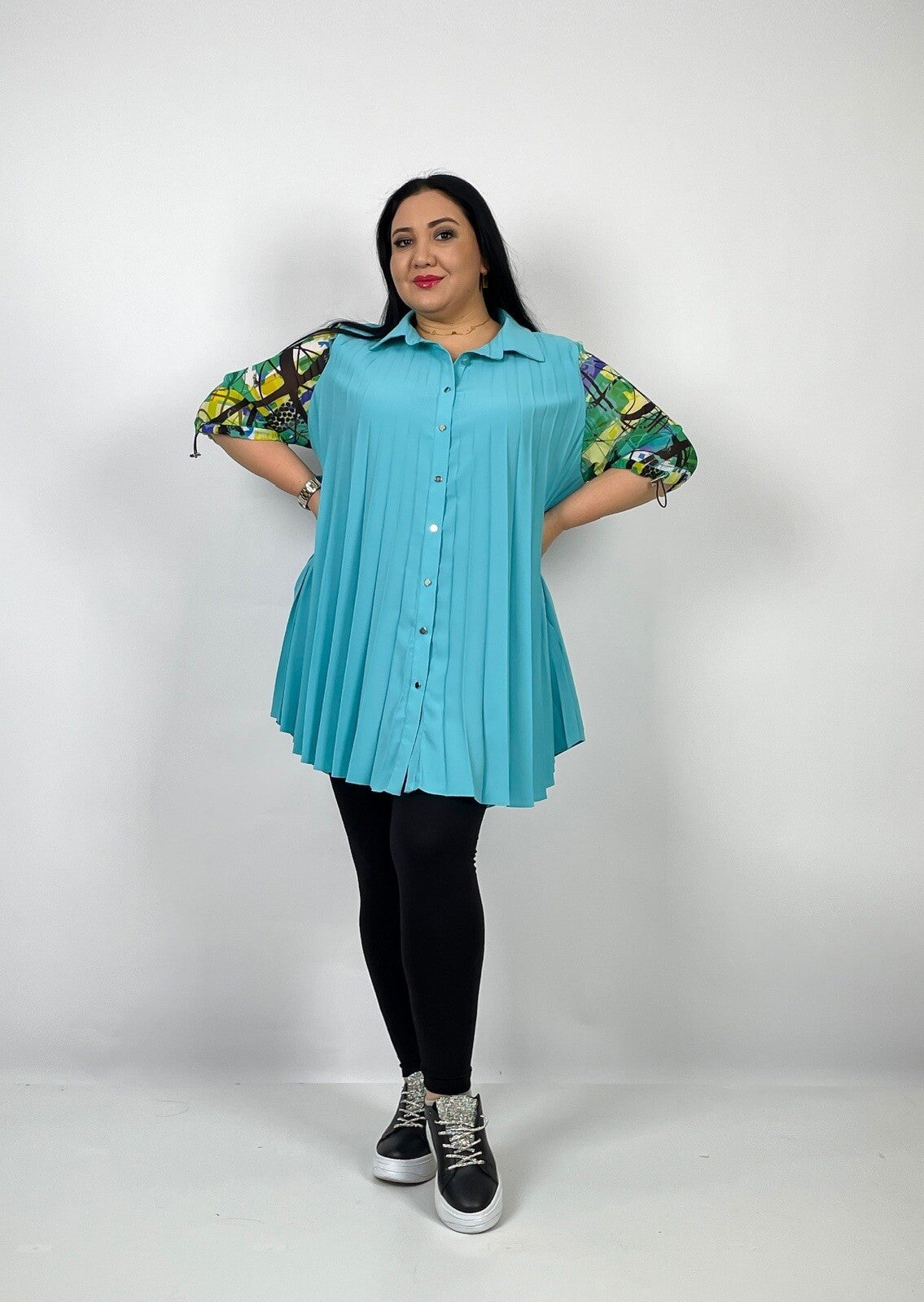 Darkwin Aqua Pleated Button Tunic Sz 14/2 Made In Turkey